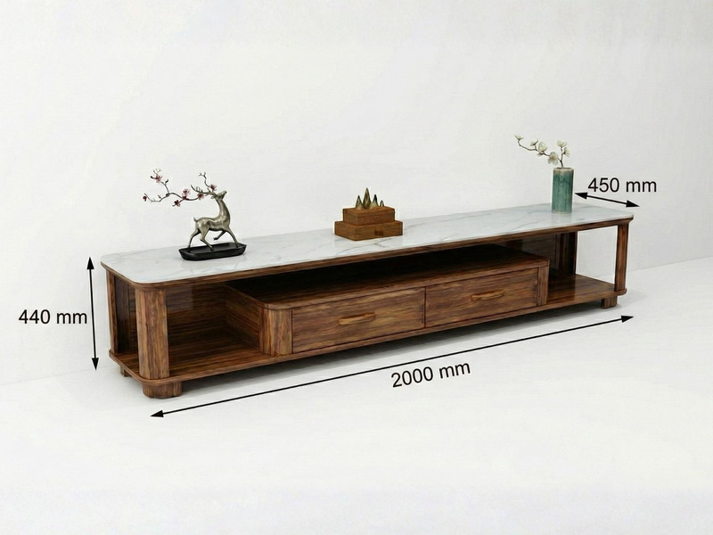 Kệ tivi gỗ Mun K-KD2103 được hiển thị với các chú thích kích thước: dài 2000mm, rộng 450mm, cao 440mm. Kệ có mặt đá cẩm th…