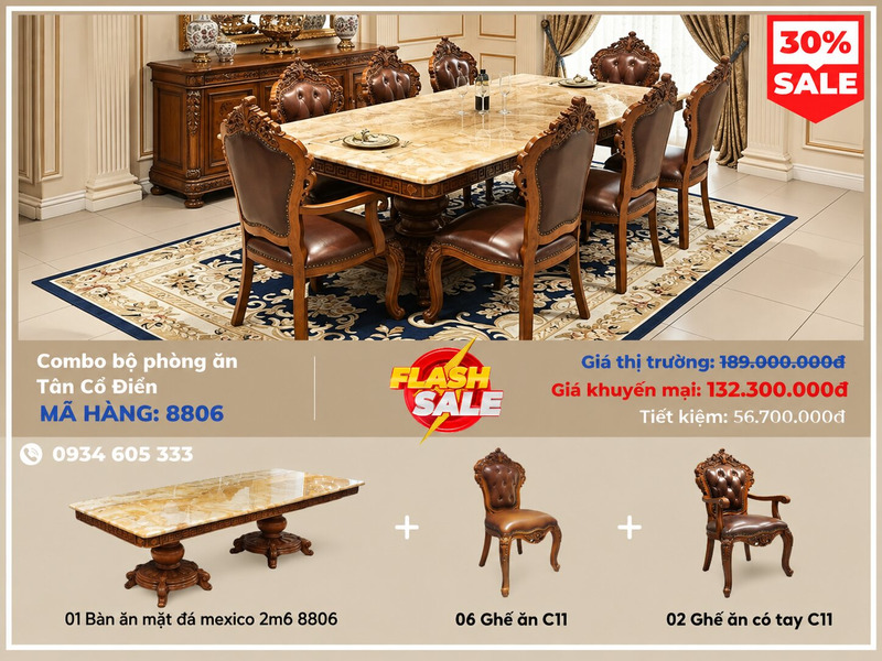 Toàn cảnh bộ phòng ăn tân cổ điển 8806 từ góc nhìn chính diện, nổi bật với bàn ăn mặt đá Mexico màu vàng kem vân mây và 8…