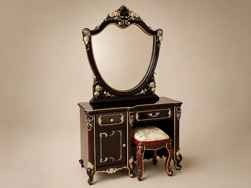 Bàn phấn BELLISSIMA BD8802G và ghế đôn được chụp chính diện trên nền trắng trung tính. Thiết kế tân cổ điển nổi bật với kh…
