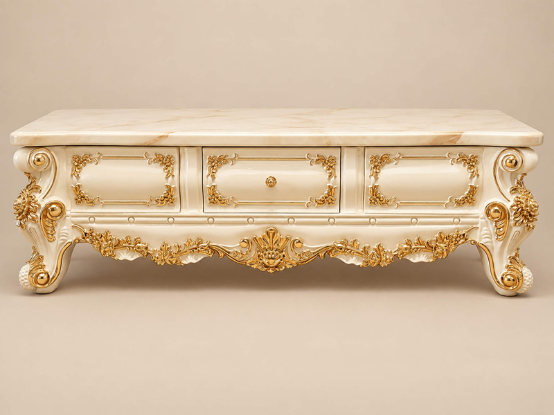 Bàn trà BELLE ÉPOQUE BT801-16 phong cách tân cổ điển, chụp chính diện, nổi bật với mặt đá trắng vân nâu nhân tạo và khung…