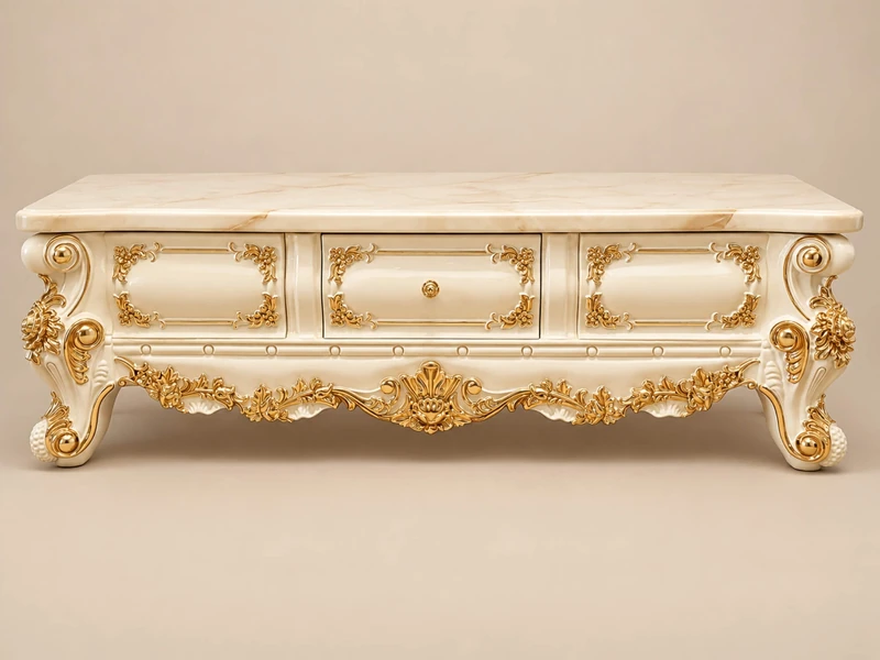 Bàn trà BELLE ÉPOQUE BT801-16 phong cách tân cổ điển, chụp chính diện, nổi bật với mặt đá trắng vân nâu nhân tạo và khung…