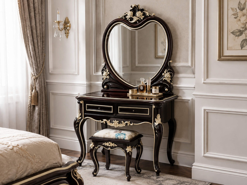 Bàn trang điểm ROSALINE và ghế đôn được đặt trong không gian phòng ngủ ấm cúng, chụp từ góc hơi nghiêng. Thiết kế tân cổ đ…