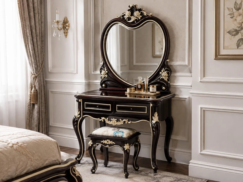 Bàn trang điểm ROSALINE và ghế đôn được đặt trong không gian phòng ngủ ấm cúng, chụp từ góc hơi nghiêng. Thiết kế tân cổ đ…