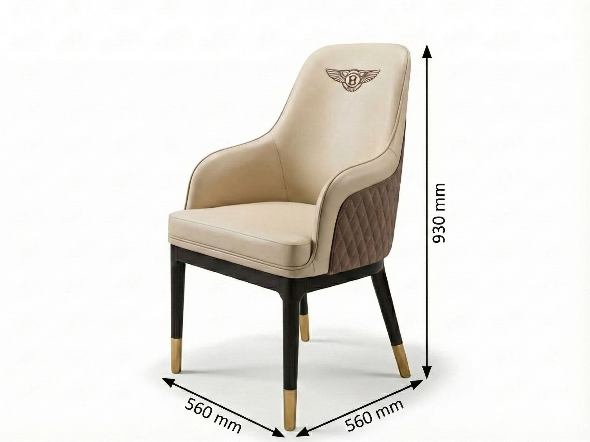 Ghế ăn Bentley được hiển thị trên nền trắng với các chú thích kích thước tổng thể: chiều dài 560mm, chiều rộng 560mm và ch…