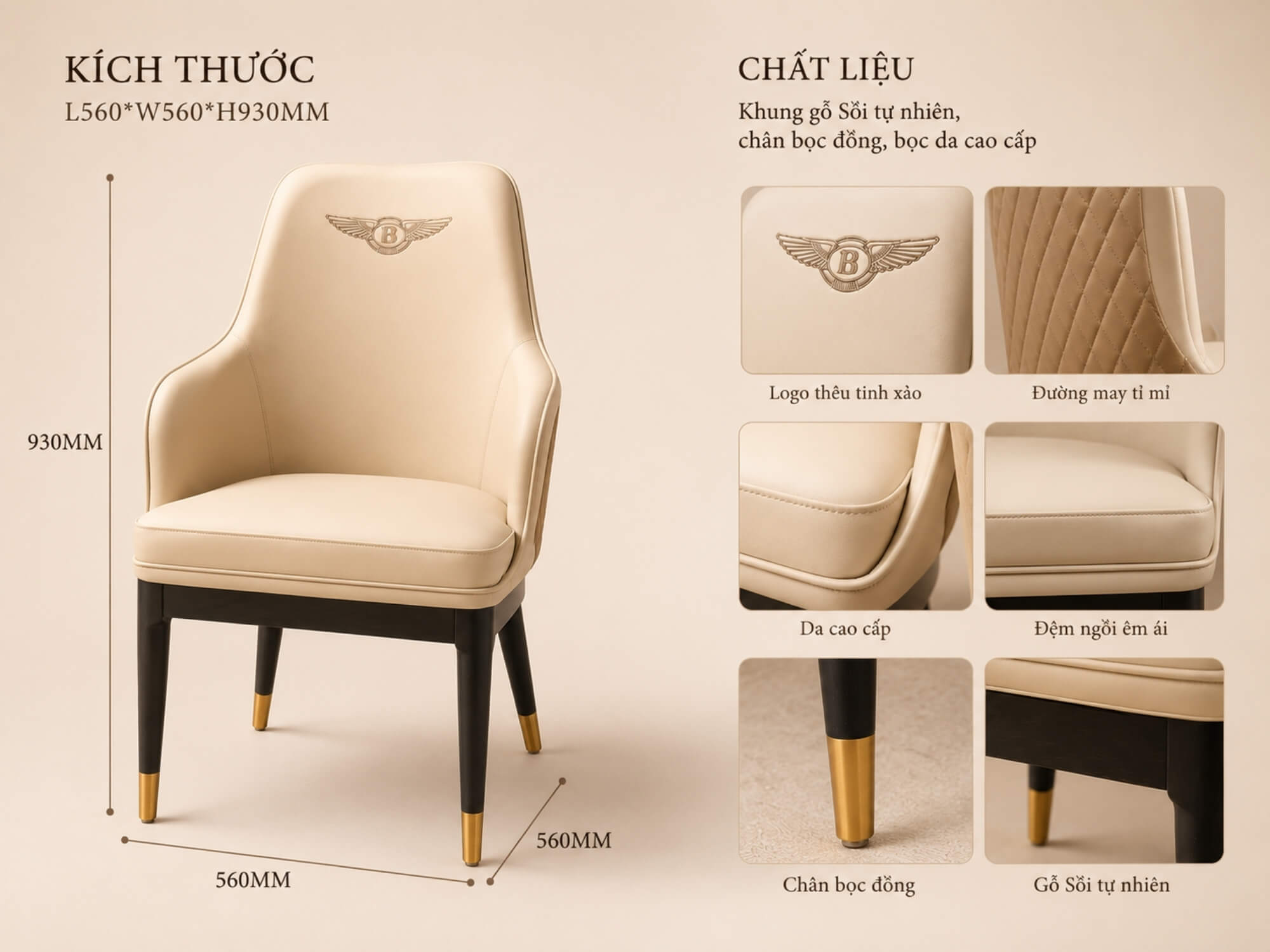 Hình ảnh minh họa chi tiết kích thước L560*W560*H930MM và cấu tạo của ghế ăn Bentley. Các chú thích chỉ rõ khung gỗ sồi tự…