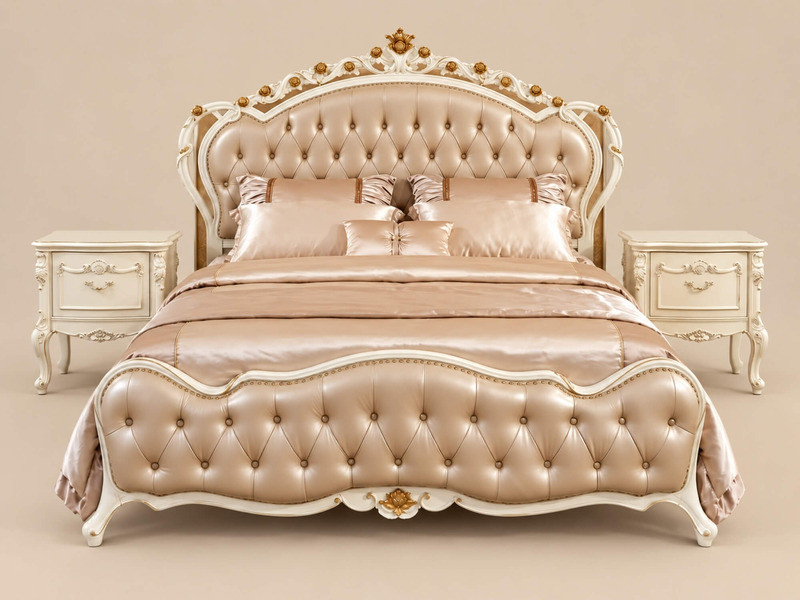 Giường ngủ ÉLODIANE GIP062-18 chụp chính diện, nổi bật với thiết kế tân cổ điển. Đầu và đuôi giường bọc da bò thật màu kem…
