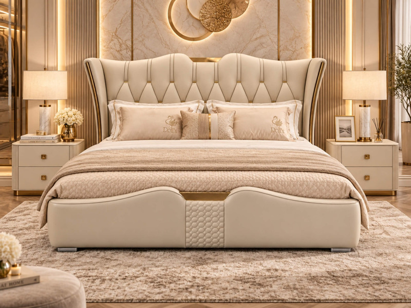 Giường ngủ bọc da luxury GI2336-18 màu be, đặt trong phòng ngủ sang trọng với tông màu kem và vàng đồng. Giường có đầu giư…
