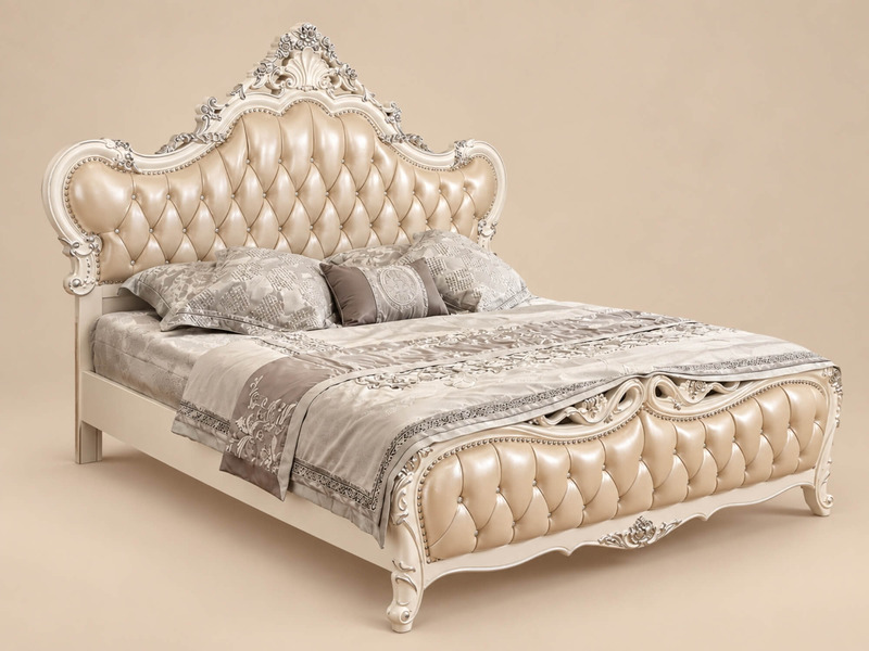 Giường ngủ tân cổ điển GIB02-18 chụp góc nghiêng toàn cảnh, không có người, làm nổi bật sự sang trọng của sản phẩm. Đầu gi…