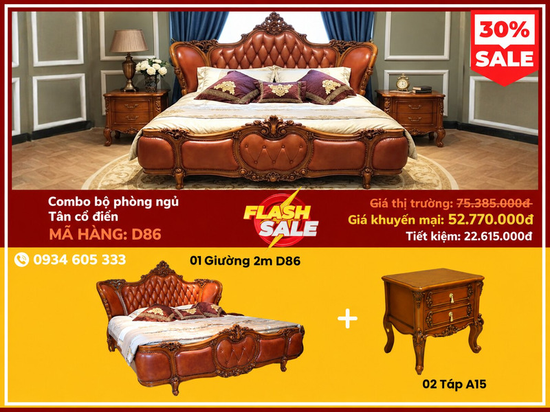 Hình ảnh quảng cáo tổng thể combo phòng ngủ tân cổ điển D86, bao gồm giường ngủ bọc da màu nâu và hai tab đầu giường gỗ mà…