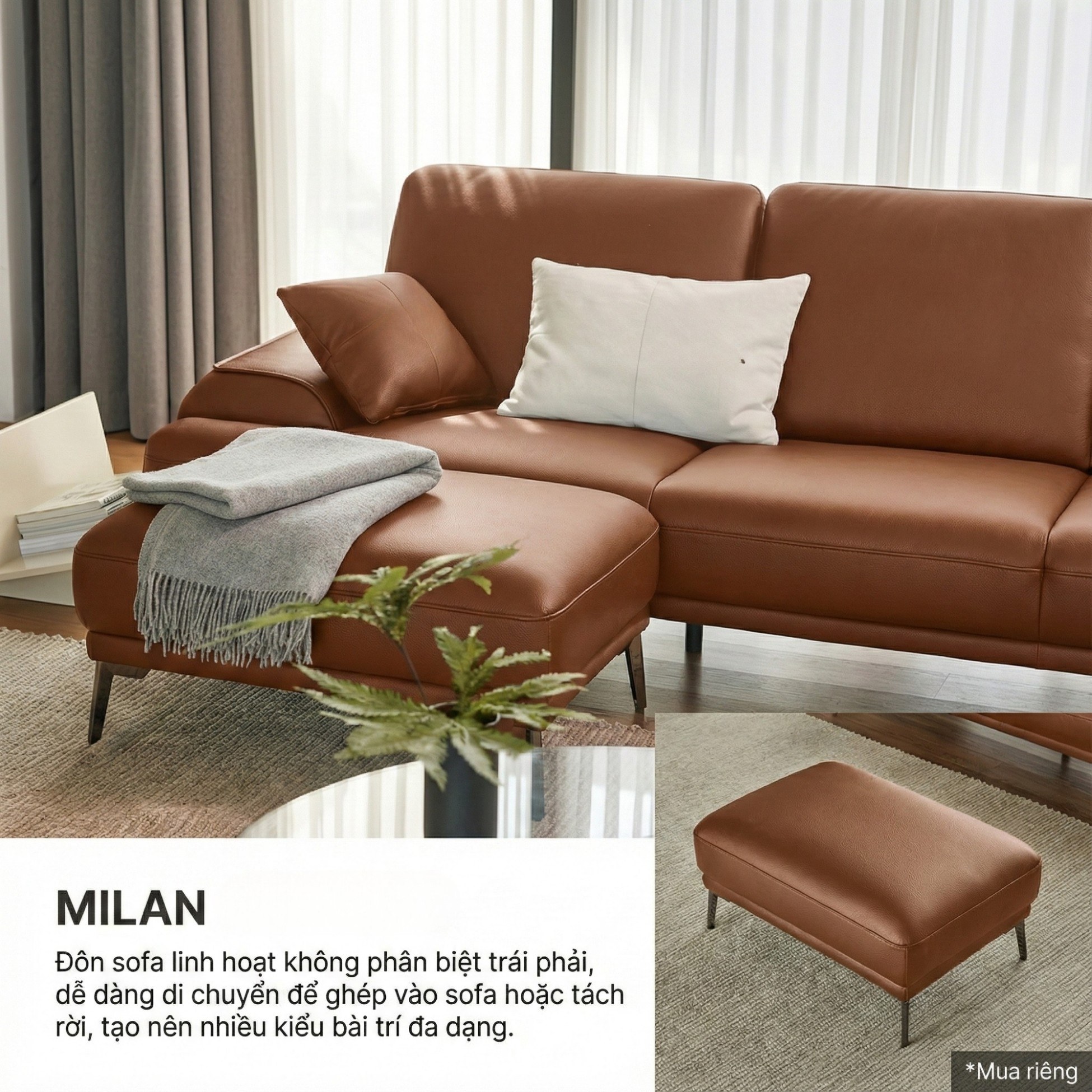 Sofa MILAN - Sofa Da Cao Cấp Hiện Đại Thiết Kế Tối Giản Thoải Mái