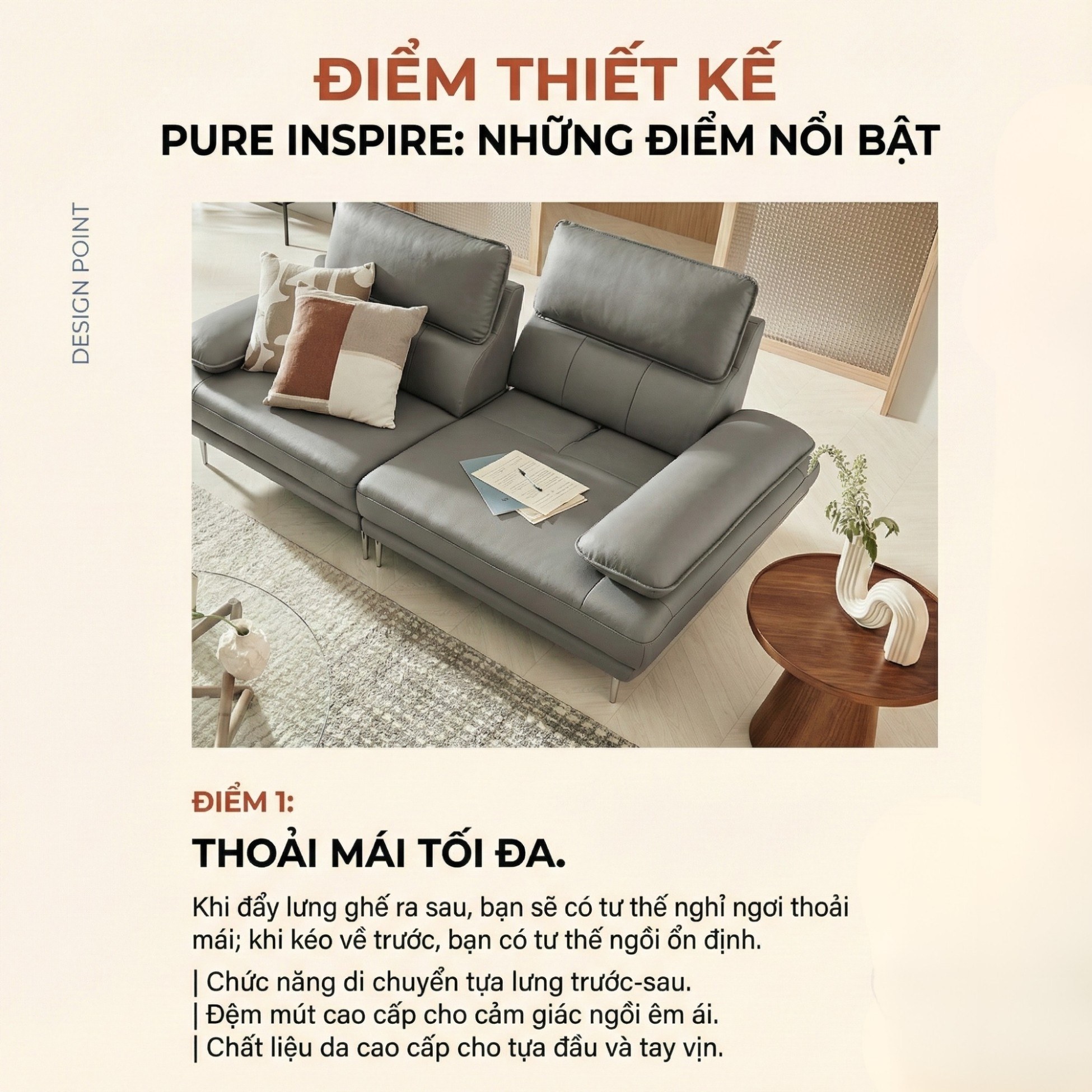 Sofa PURE INSPIRE – Sofa Băng Bọc Da Cao Cấp Thư Giãn Hoàn Hảo
