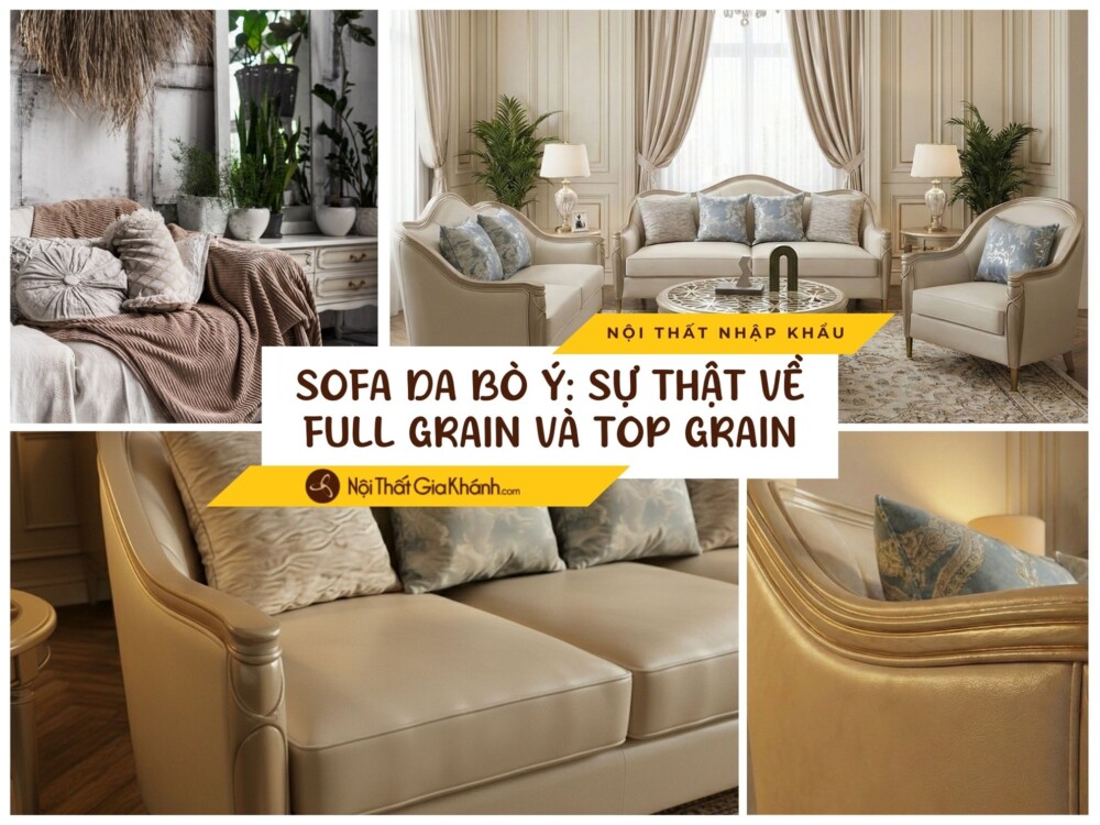 sofa da bò phong cách Ý full grain top grain