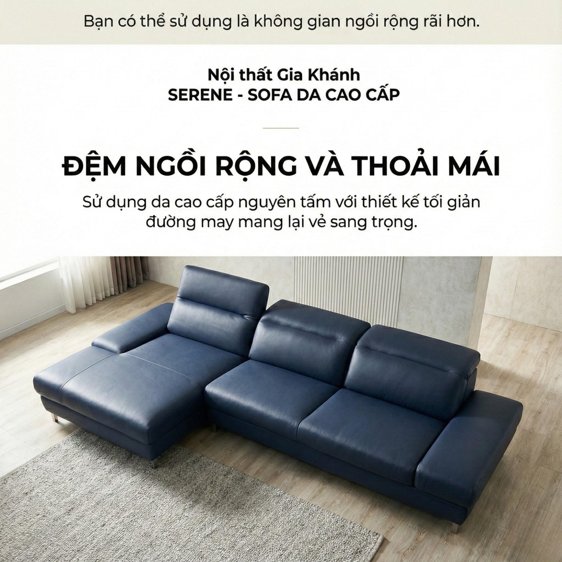 Sofa SERENE màu xanh navy với thiết kế đệm ngồi rộng rãi và tựa lưng cao, mang lại sự thoải mái tối đa. Góc chụp từ trên c…