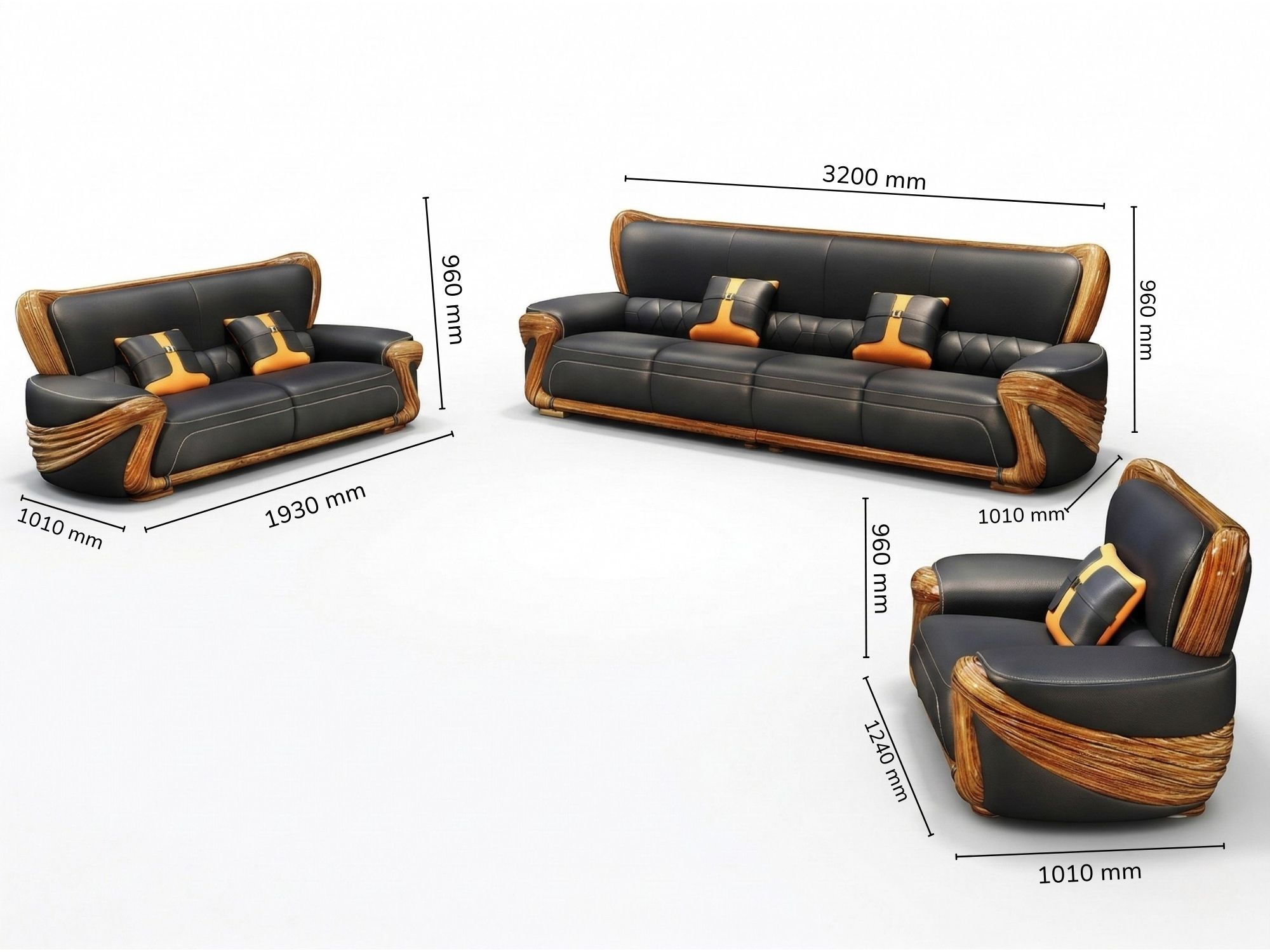 Hình ảnh ba băng sofa của bộ SBF532-125 được trình bày trên nền trắng với các chú thích kích thước chi tiết. Các thông số…