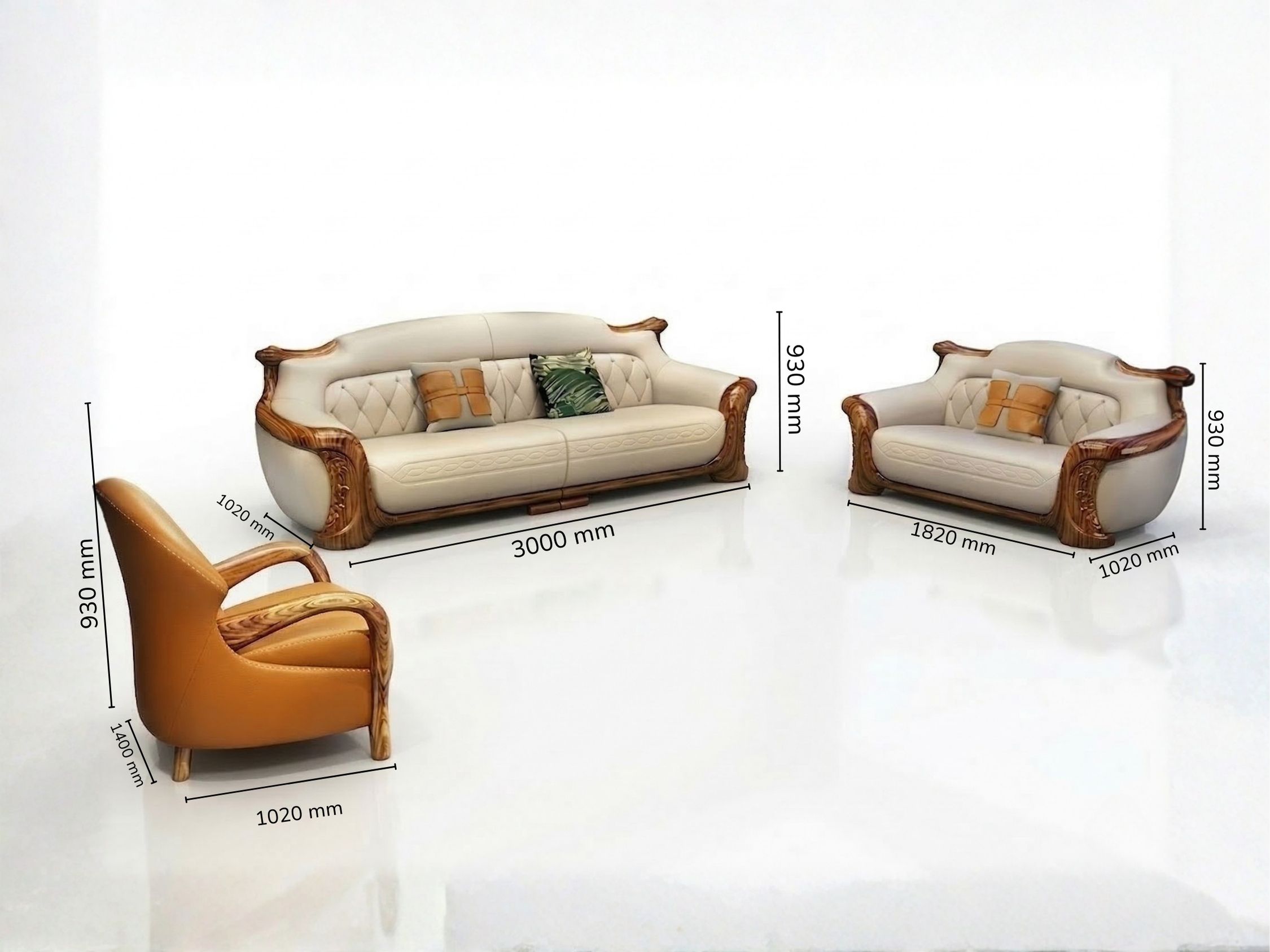 Hình ảnh kỹ thuật của bộ sofa gỗ mun nhập khẩu SB8103-124, hiển thị toàn bộ các băng ghế (01 băng 1, 01 băng 2, 01 băng 4)…