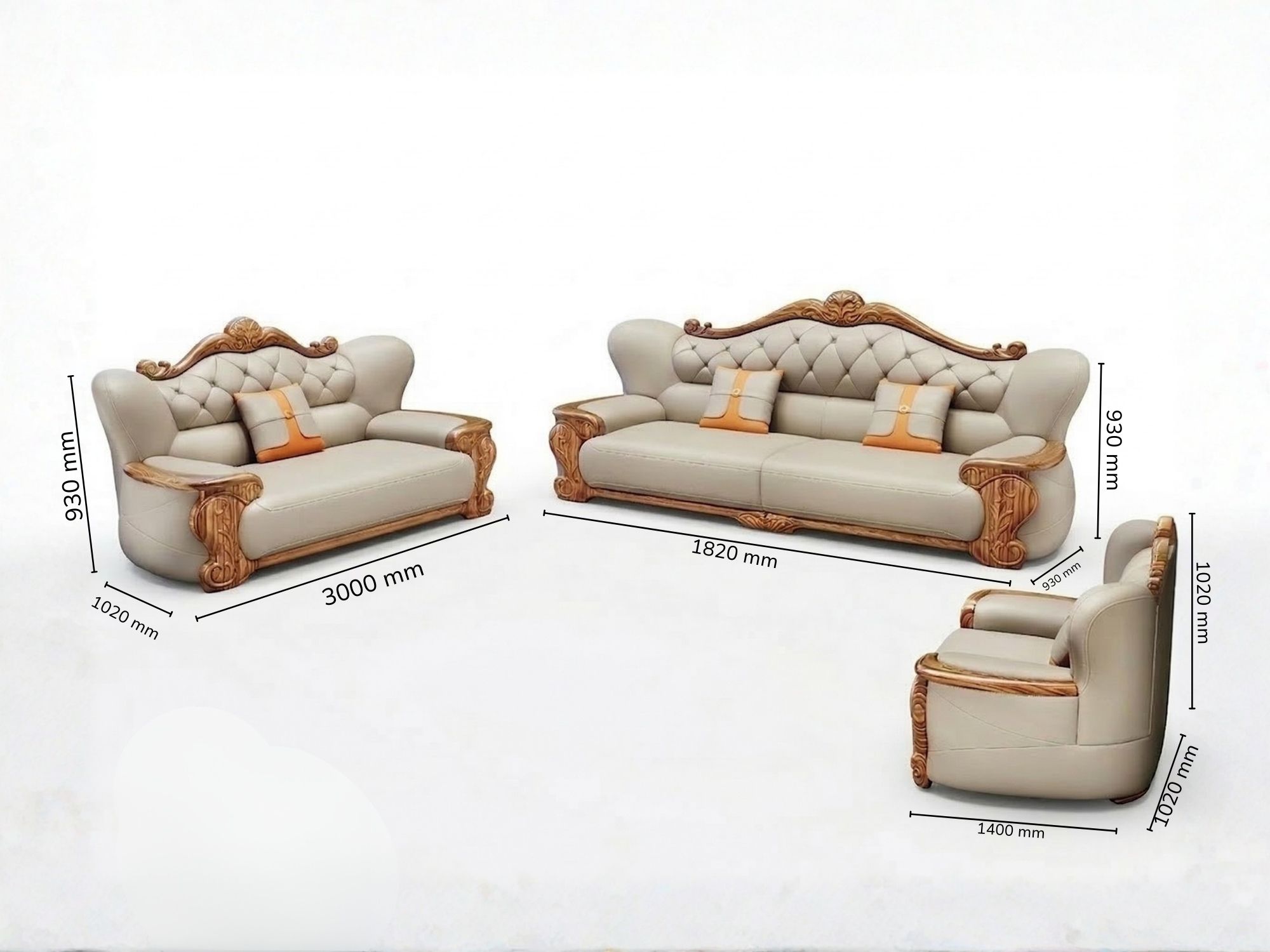 Hình ảnh tổng thể bộ sofa gỗ mun SBD57-124 trên nền trắng, hiển thị rõ ràng các kích thước chi tiết của từng băng ghế và g…