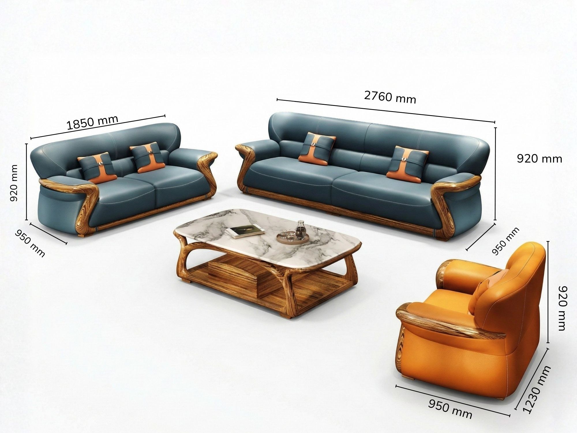 Bộ sofa gỗ Mun SBF312-124 được chụp trên nền trắng, hiển thị rõ các kích thước chi tiết của từng băng sofa và ghế đơn (chi…