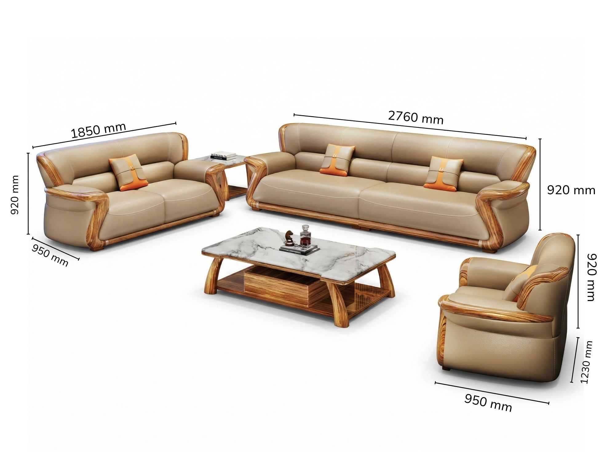 Hình ảnh bộ sofa gỗ Mun SBF8312-124 trên nền trắng, kèm theo các chú thích kích thước chi tiết của từng thành phần: băng 1…