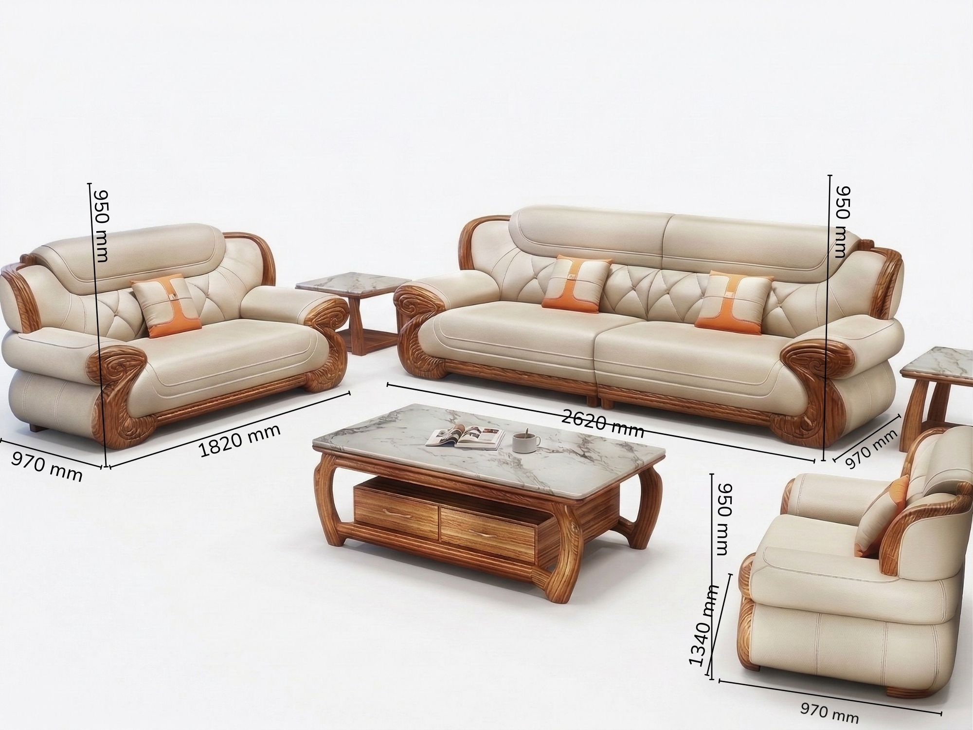 Hình ảnh bộ sofa gỗ Mun SB192-124 trên nền trắng, hiển thị rõ ràng các thông số kích thước chi tiết của từng băng ghế. Các…