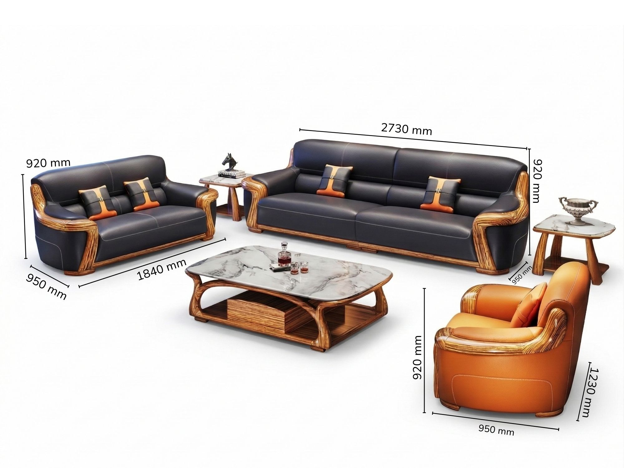 Bộ sofa gỗ mun SBF623-124 được trình bày trên nền trắng với các chú thích kích thước chi tiết (L1230, L1840, L2730, W950…