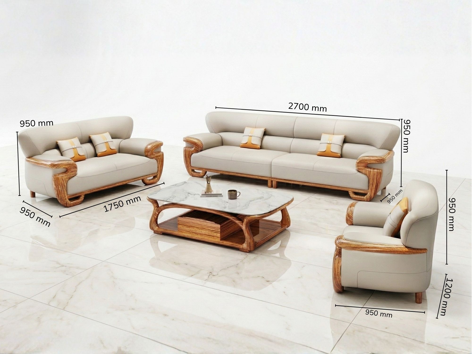 Bộ sofa gỗ mun SB322-124 được trình bày với các kích thước chi tiết: băng 1 (L1200*W950*H950MM), băng 2 (L1750*W950*H950MM…