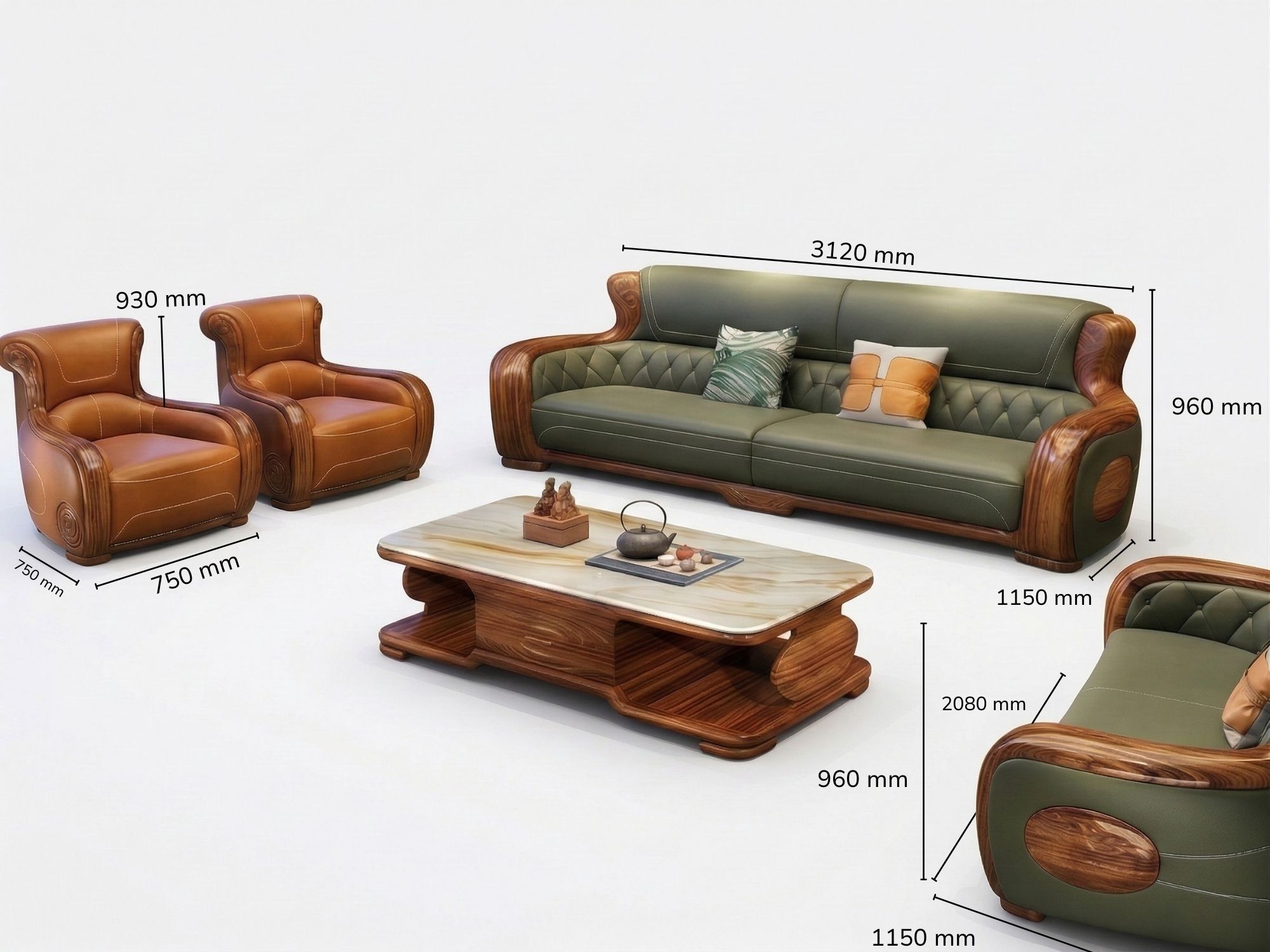 Hình ảnh tổng thể bộ sofa gỗ mun SBD56-1125 trên nền trắng, kèm theo các chú thích kích thước chi tiết của từng món đồ. Bộ…