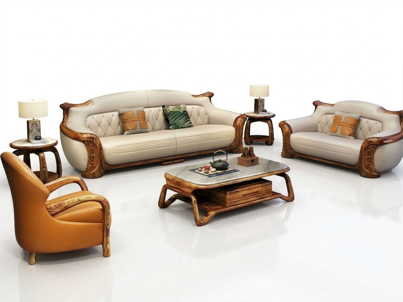 Toàn cảnh bộ sofa gỗ mun nhập khẩu SB8103-124 gồm 01 băng 1, 01 băng 2, 01 băng 4 và bàn trà, bàn phụ, được chụp trên nền…