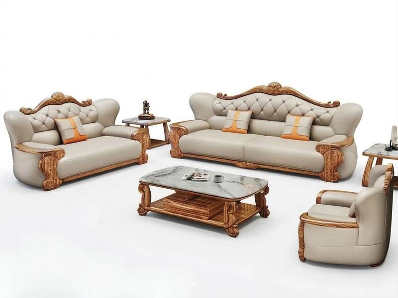 Toàn bộ sofa gỗ mun SBD57-124 được chụp trên nền trắng, thể hiện rõ các thành phần: hai băng sofa, một ghế đơn và bàn trà…