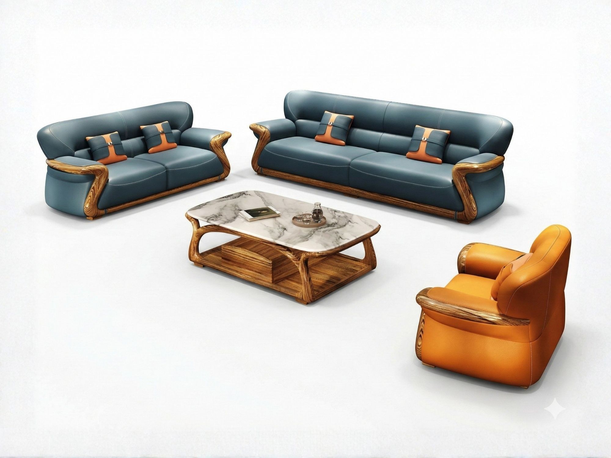 Bộ sofa gỗ Mun SBF312-124 được chụp từ góc trên cao, trên nền trắng tinh tế, làm nổi bật tổng thể thiết kế. Sản phẩm bao g…