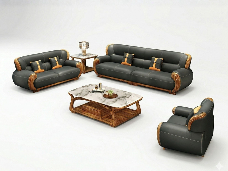 Bộ sofa gỗ Mun SBF311-124 được chụp từ trên cao, trên nền trắng tinh khiết, làm nổi bật thiết kế hiện đại và các chi tiết…