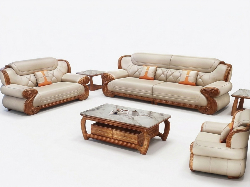 Toàn cảnh bộ sofa gỗ Mun SB192-124 được chụp trên nền trắng tinh khiết, làm nổi bật kiểu dáng hiện đại và các chi tiết chạ…
