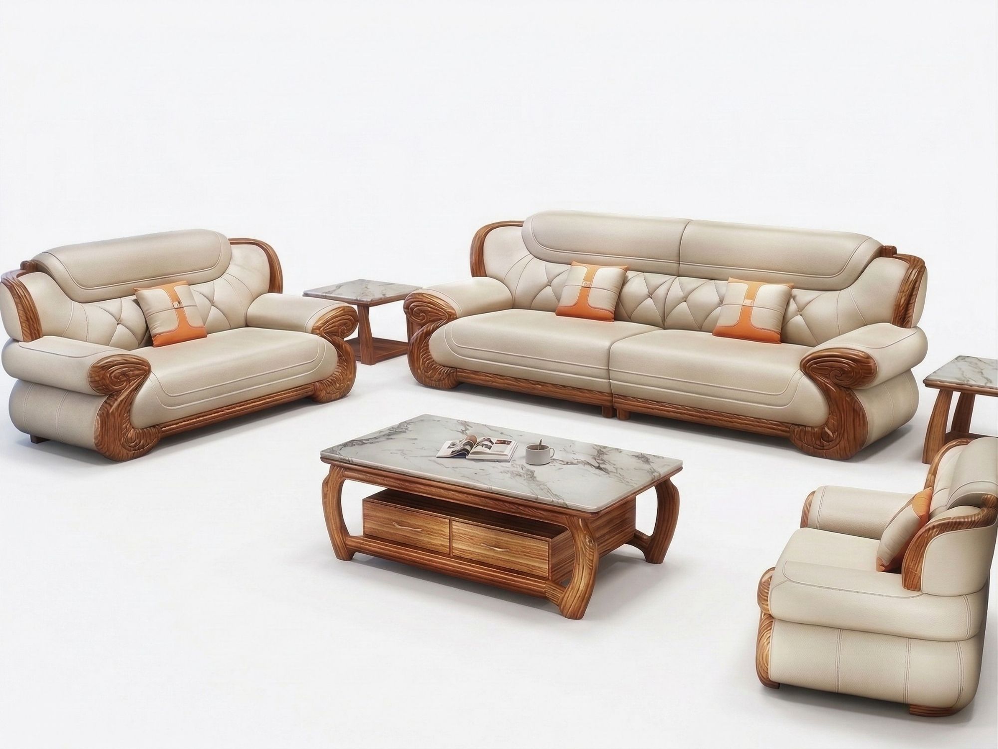 Toàn cảnh bộ sofa gỗ Mun SB192-124 được chụp trên nền trắng tinh khiết, làm nổi bật kiểu dáng hiện đại và các chi tiết chạ…