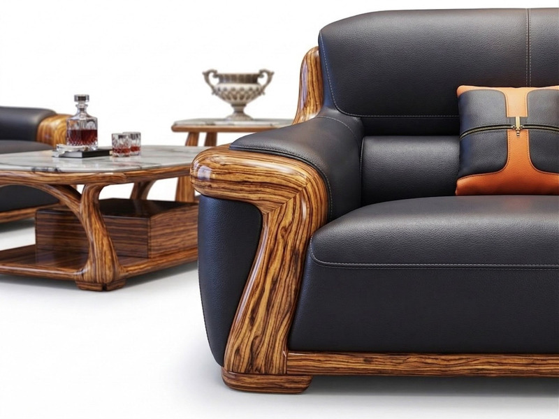 Cận cảnh tay vịn của ghế sofa băng màu đen, nổi bật với đường cong mềm mại và vân gỗ mun tự nhiên độc đáo. Ghế bọc da bò t…