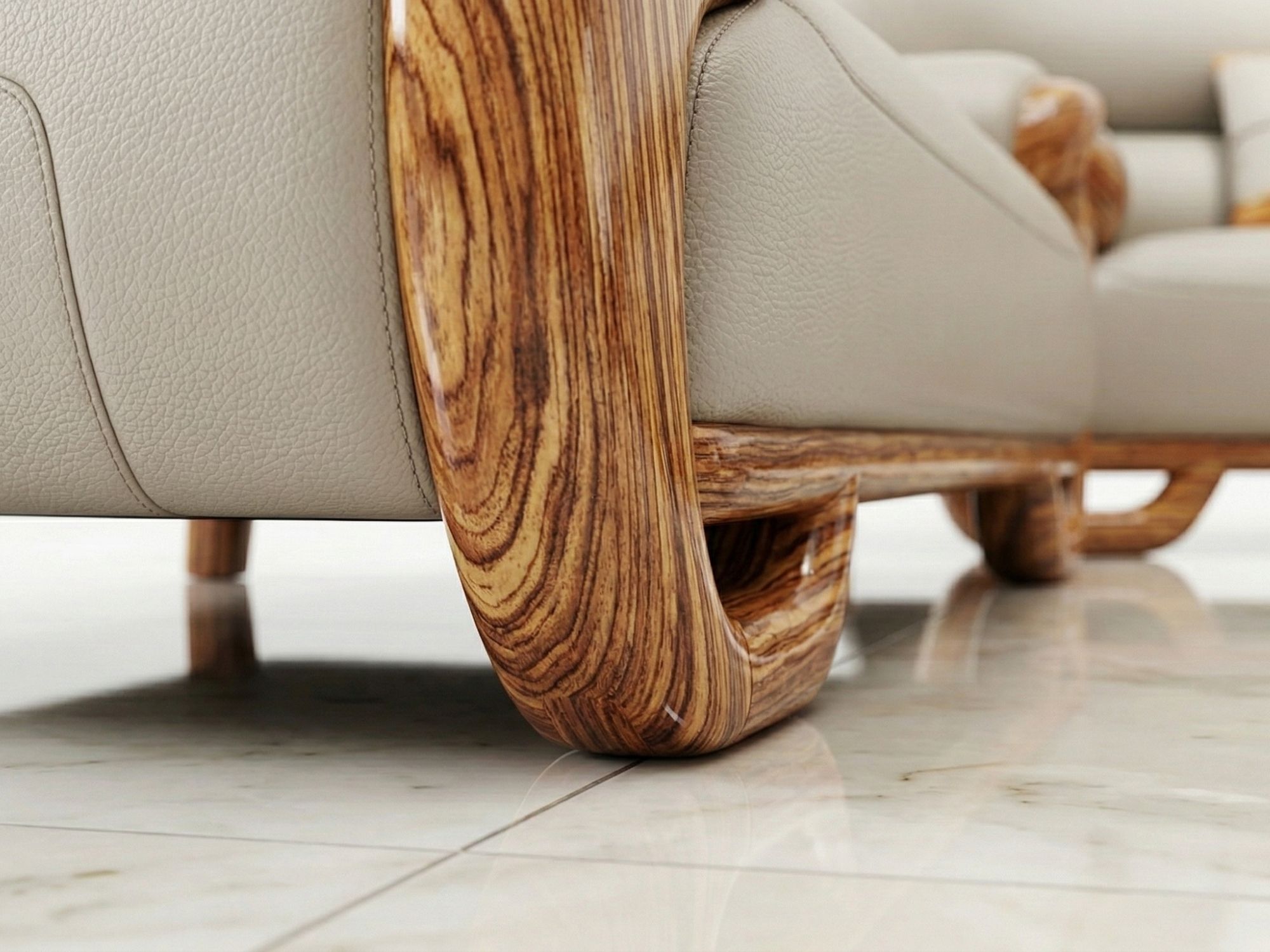 Cận cảnh phần chân và tay vịn của ghế sofa, cho thấy rõ đường cong mềm mại và vân gỗ mun tự nhiên độc đáo. Phần da bò màu…