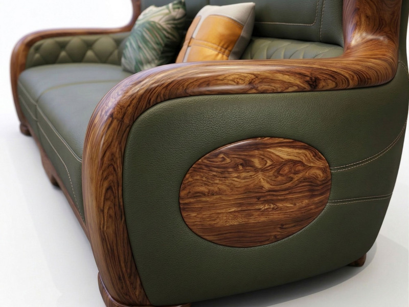 Cận cảnh tay vịn của sofa băng dài SBD56-1125, nổi bật với khung gỗ mun tự nhiên uốn cong mềm mại, vân gỗ đẹp mắt. Phần đệ…