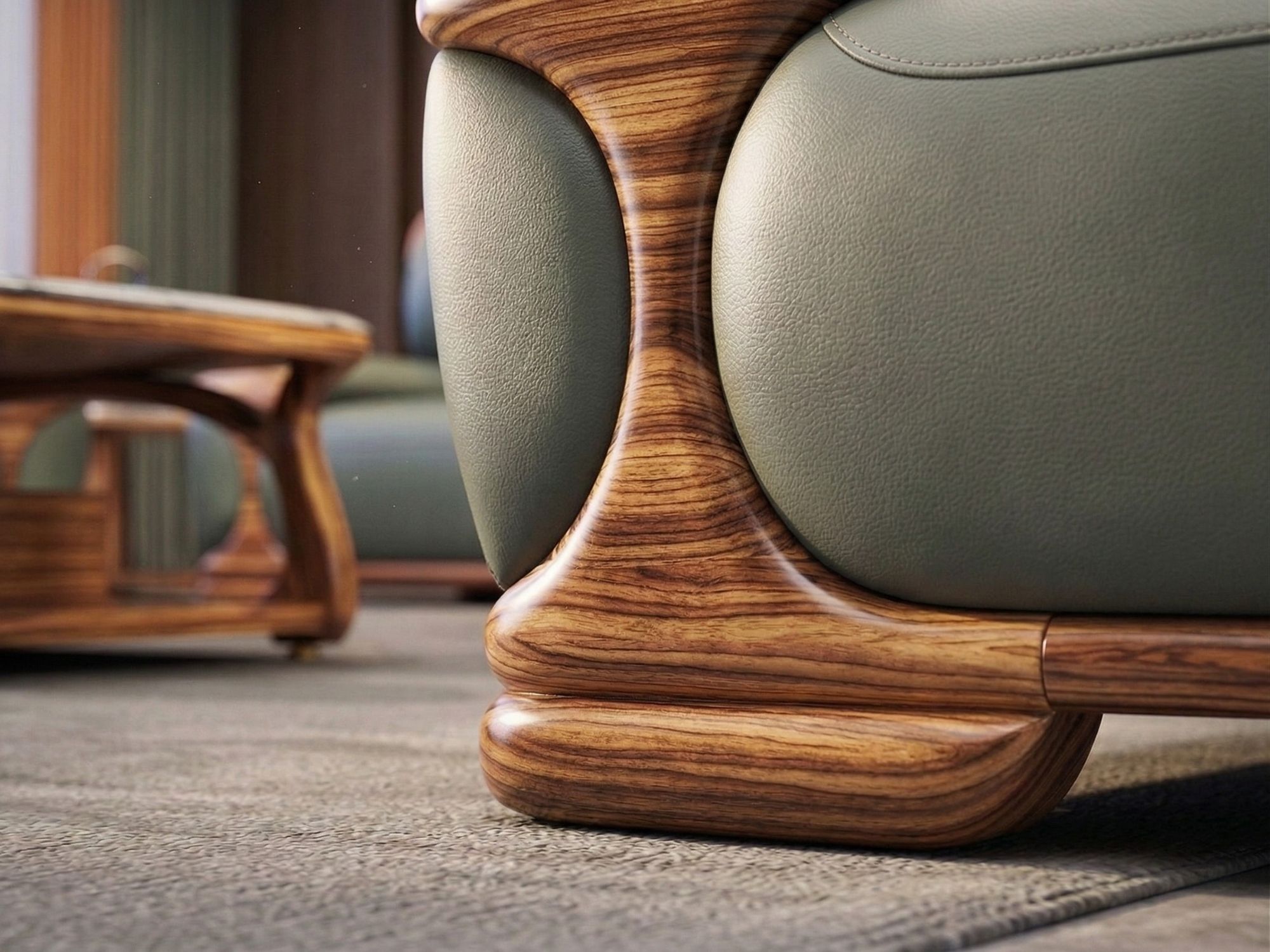 Cận cảnh chân ghế sofa và phần khung gỗ mun tự nhiên uốn lượn mềm mại, với các đường vân gỗ rõ nét, tạo điểm nhấn sang trọ…