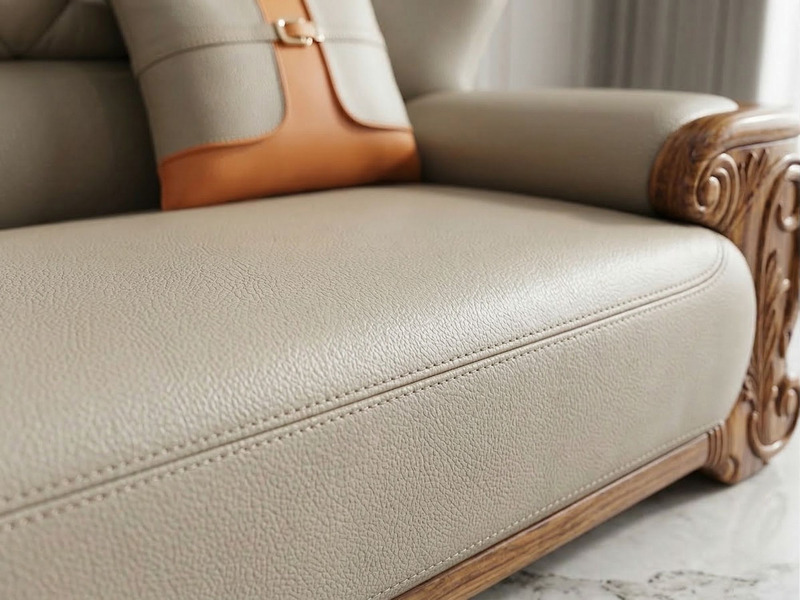 Chi tiết đường may đôi tinh xảo trên bề mặt đệm ngồi và tay vịn của sofa, bọc da bò màu kem. Phần khung gỗ mun tự nhiên lộ…