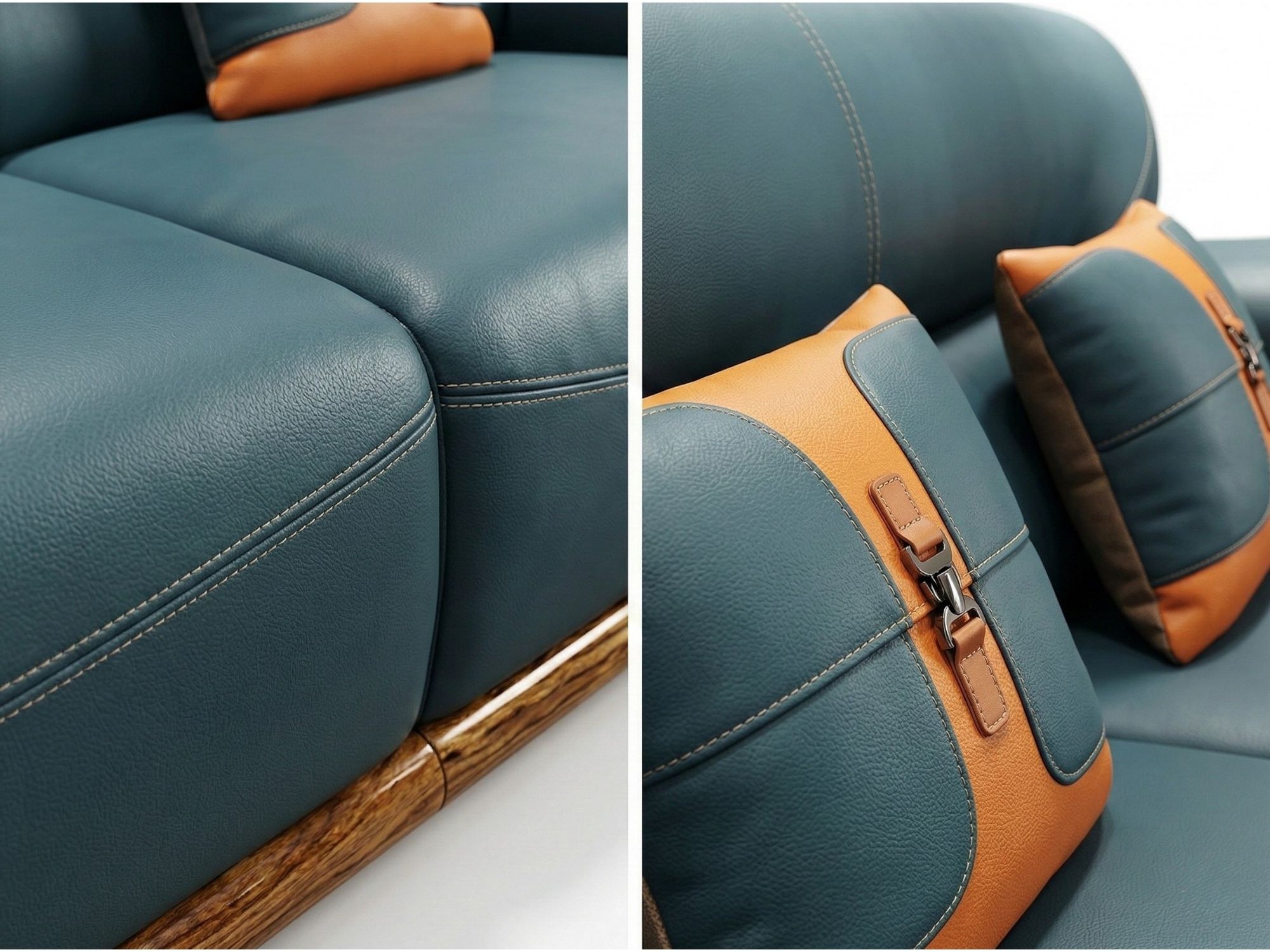 Chi tiết bề mặt đệm ngồi của sofa bọc da màu xanh ngọc với đường chỉ may kép tinh xảo, tạo sự chắc chắn và thẩm mỹ. Bên cạ…