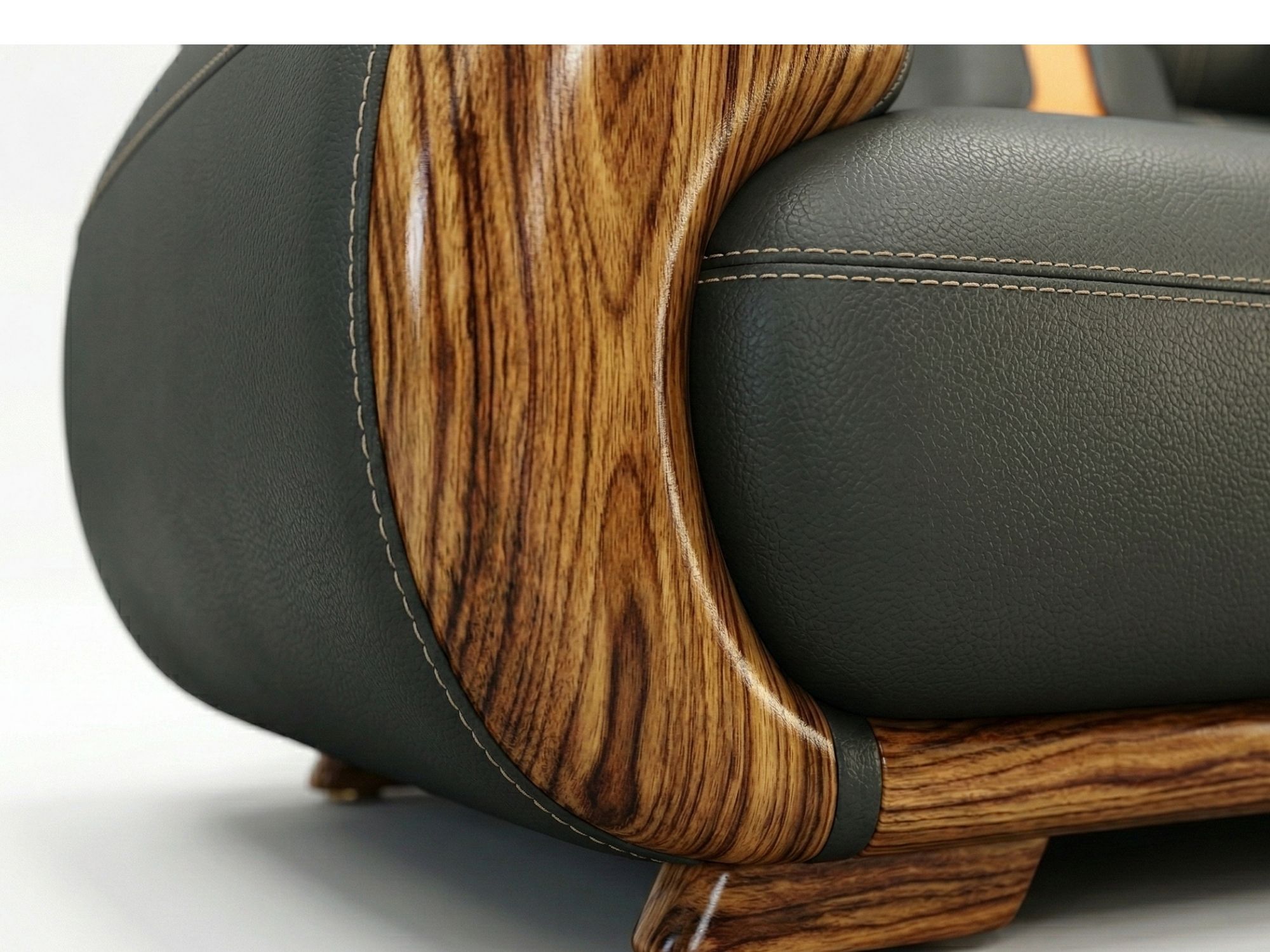 Góc chụp cận cảnh phần chân ghế sofa và tay vịn, nhấn mạnh sự chắc chắn của khung gỗ Mun tự nhiên. Vân gỗ Mun nổi bật trên…