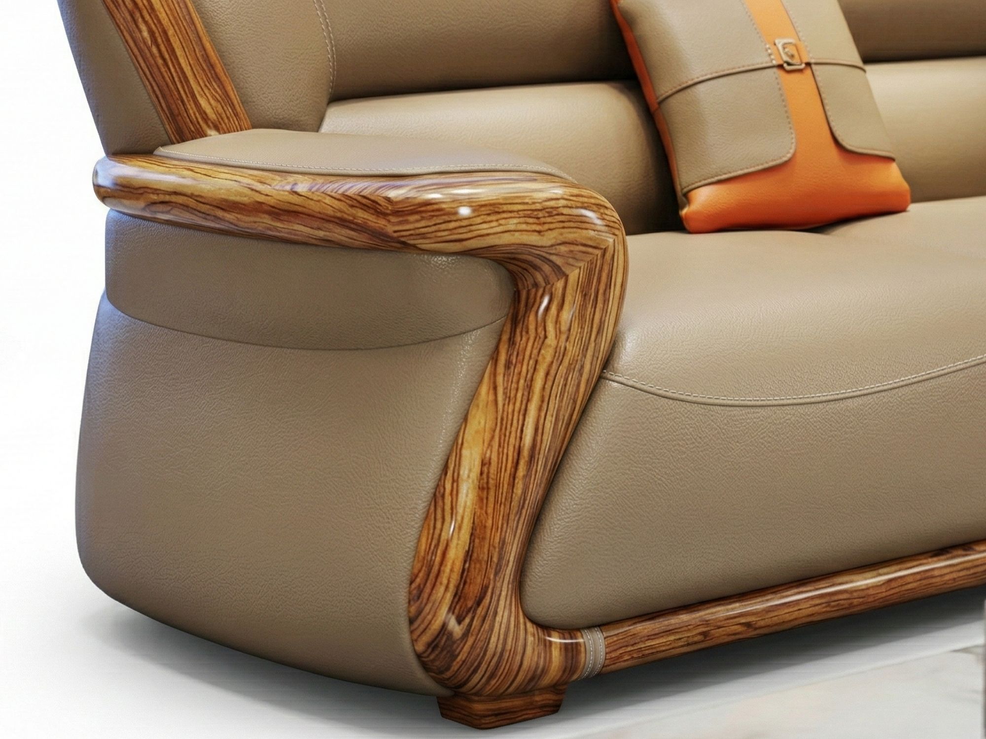 Cận cảnh tay vịn sofa từ góc nhìn ngang, làm nổi bật đường cong mềm mại của khung gỗ Mun tự nhiên và lớp da bọc màu nâu be…