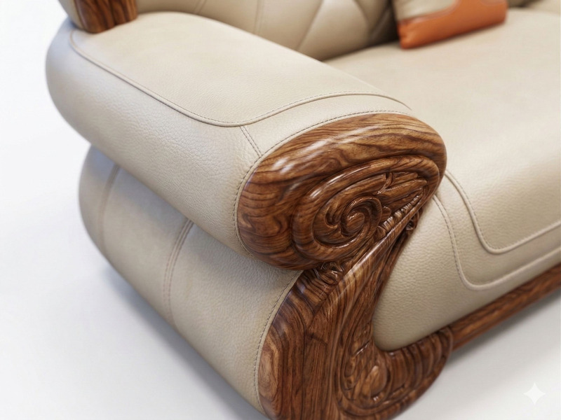 Cận cảnh tay vịn của ghế sofa, với phần gỗ mun tự nhiên được chạm khắc hoa văn uốn lượn mềm mại, tạo điểm nhấn nghệ thuật…
