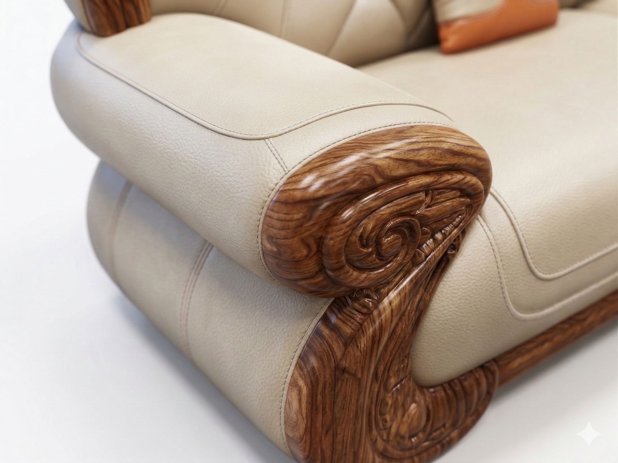 Cận cảnh tay vịn của ghế sofa, với phần gỗ mun tự nhiên được chạm khắc hoa văn uốn lượn mềm mại, tạo điểm nhấn nghệ thuật…