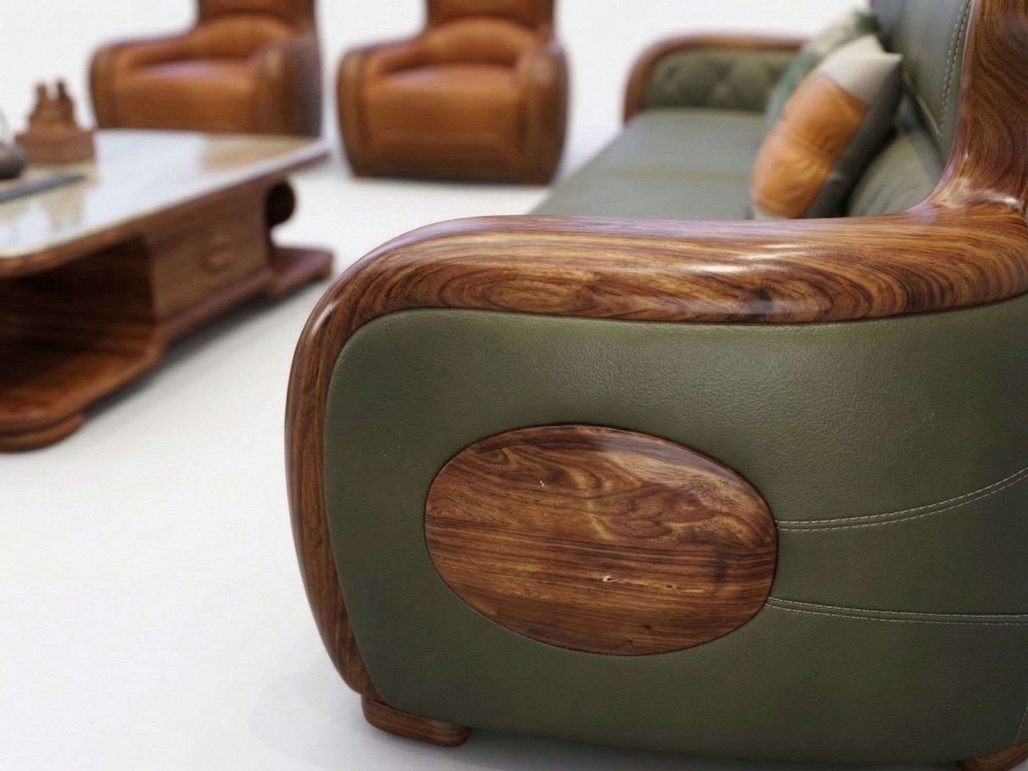 Góc chụp cận cảnh tay vịn và phần hông của sofa băng SBD56-1125, tập trung vào đường cong mềm mại của khung gỗ mun tự nhiê…
