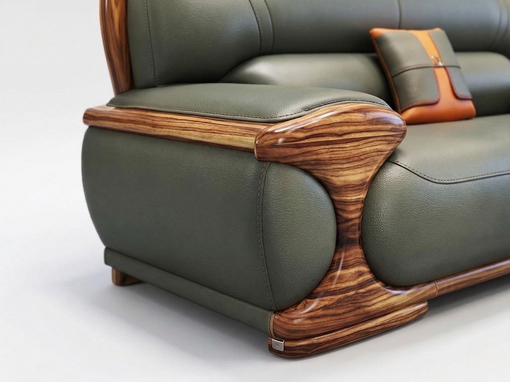 Góc chụp cận cảnh tay vịn và hông ghế sofa, nổi bật phần khung gỗ mun tự nhiên với đường cong mềm mại và vân gỗ độc đáo. D…