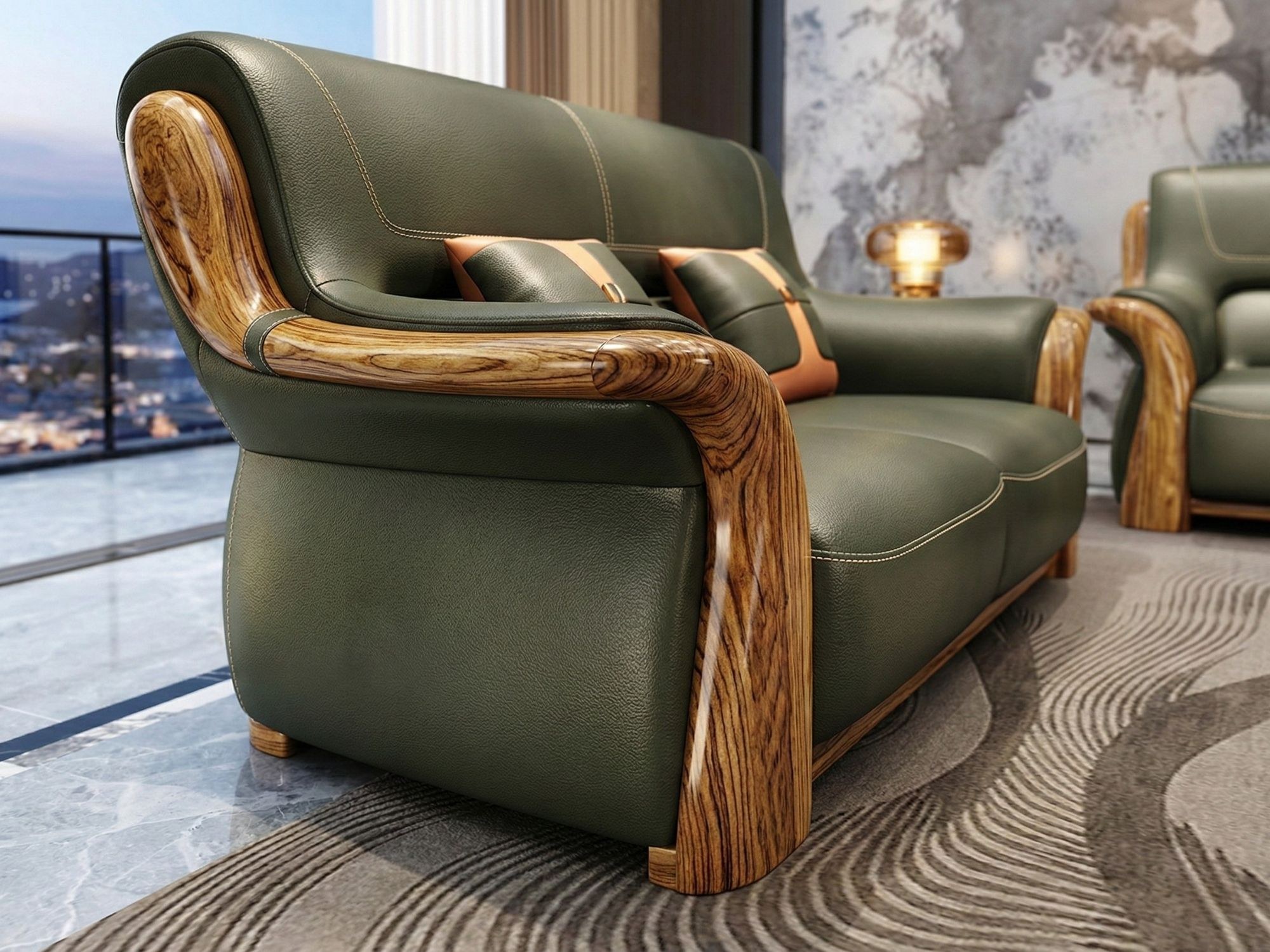 Góc chụp thấp cận cảnh sofa băng đôi trong bộ SF316-124, đặt trong không gian phòng khách sang trọng với tường ốp đá vân m…