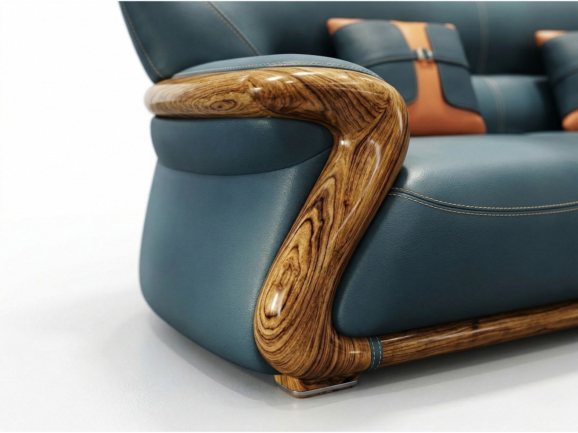 Góc chụp thấp cận cảnh tay vịn sofa, làm nổi bật đường cong mềm mại của phần ốp gỗ mun tự nhiên với vân gỗ rõ nét và lớp s…