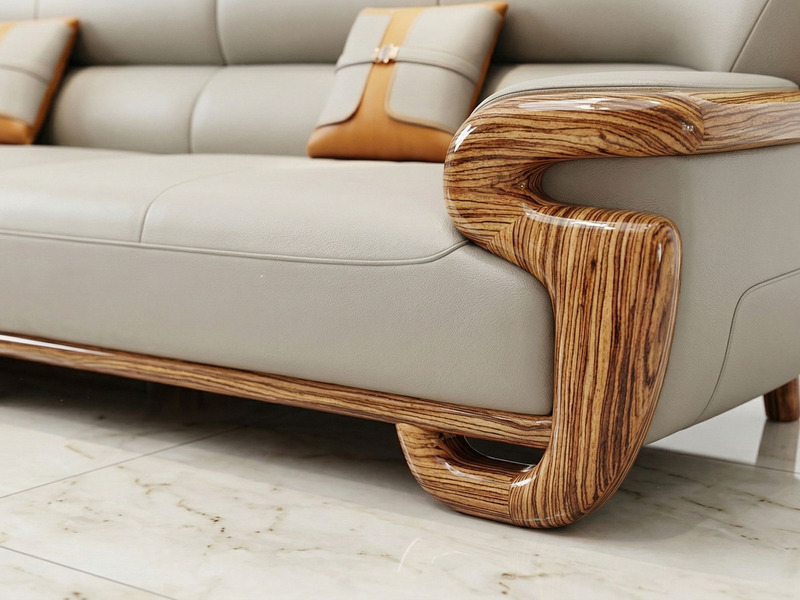 Góc chụp cận cảnh từ bên hông của ghế sofa, tập trung vào phần tay vịn và chân ghế uốn cong bằng gỗ mun tự nhiên. Lớp da b…
