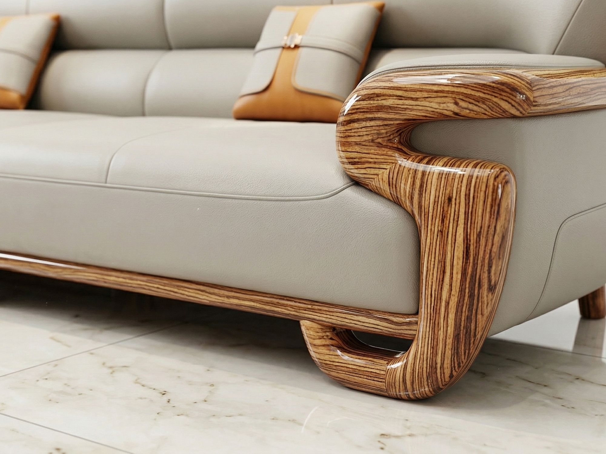 Góc chụp cận cảnh từ bên hông của ghế sofa, tập trung vào phần tay vịn và chân ghế uốn cong bằng gỗ mun tự nhiên. Lớp da b…