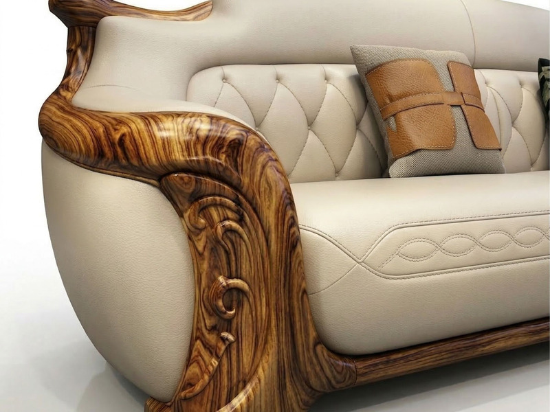 Góc nhìn cận cảnh ghế sofa băng, tập trung vào phần tay vịn và đệm ngồi. Tay vịn gỗ mun tự nhiên với vân gỗ độc đáo và đườ…