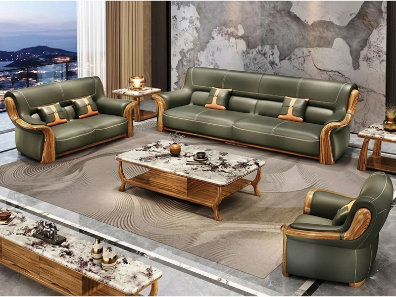 Toàn cảnh bộ sofa gỗ Mun SF316-124 màu xanh rêu đậm trong phòng khách hiện đại. Bố cục gồm một sofa băng dài, một sofa băn…
